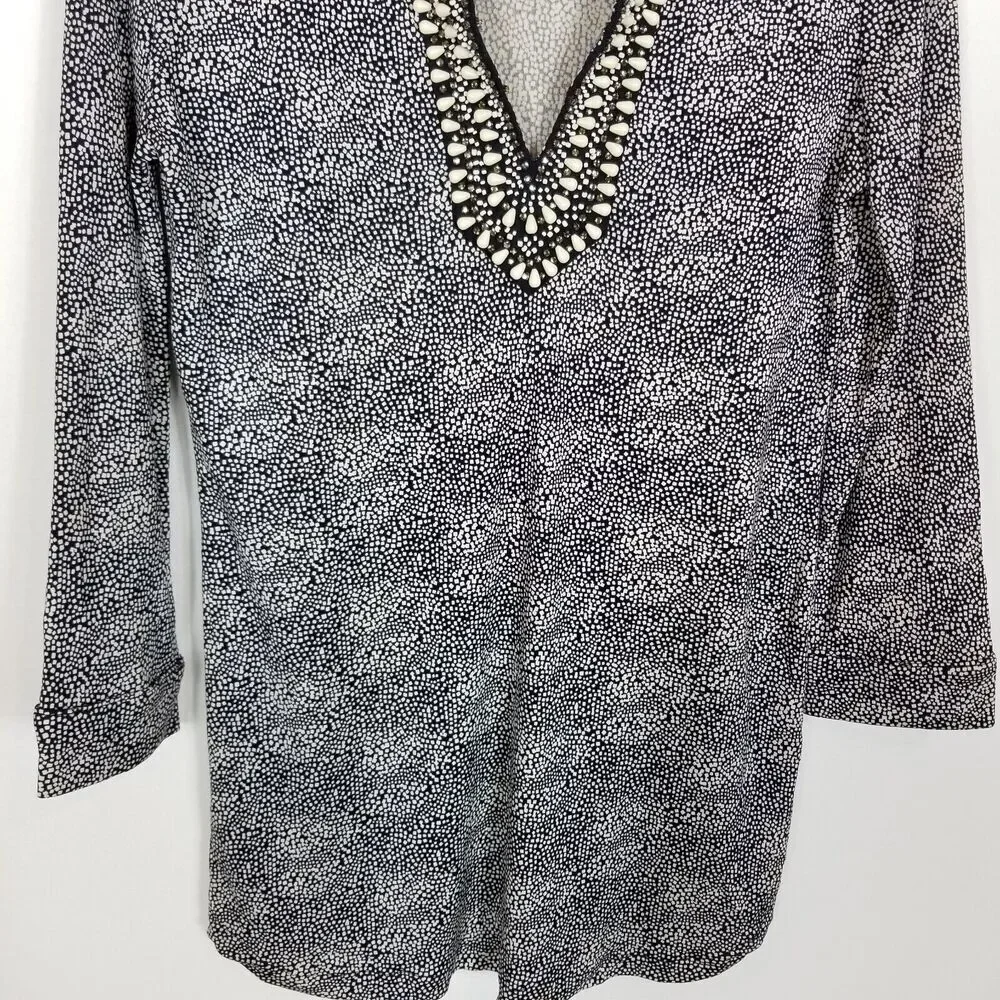 Tory Burch Women Beaded Neckline Blouse Top Sz S Navy White Printed Jersey‎